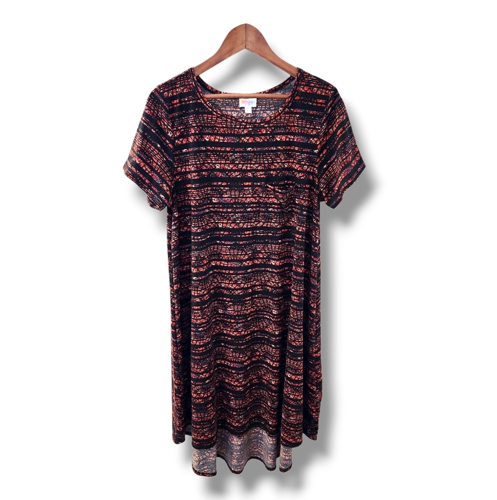 LuLaRoe Carley Multicolor Aztec Short Sleeve A-Line Midi Dress W/Chest Pocket